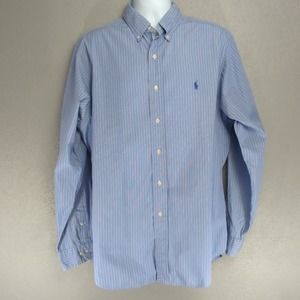 Ralph Lauren Shirt Mens XL 17 Blue Button Down Long Sleeve Striped Dress Logo